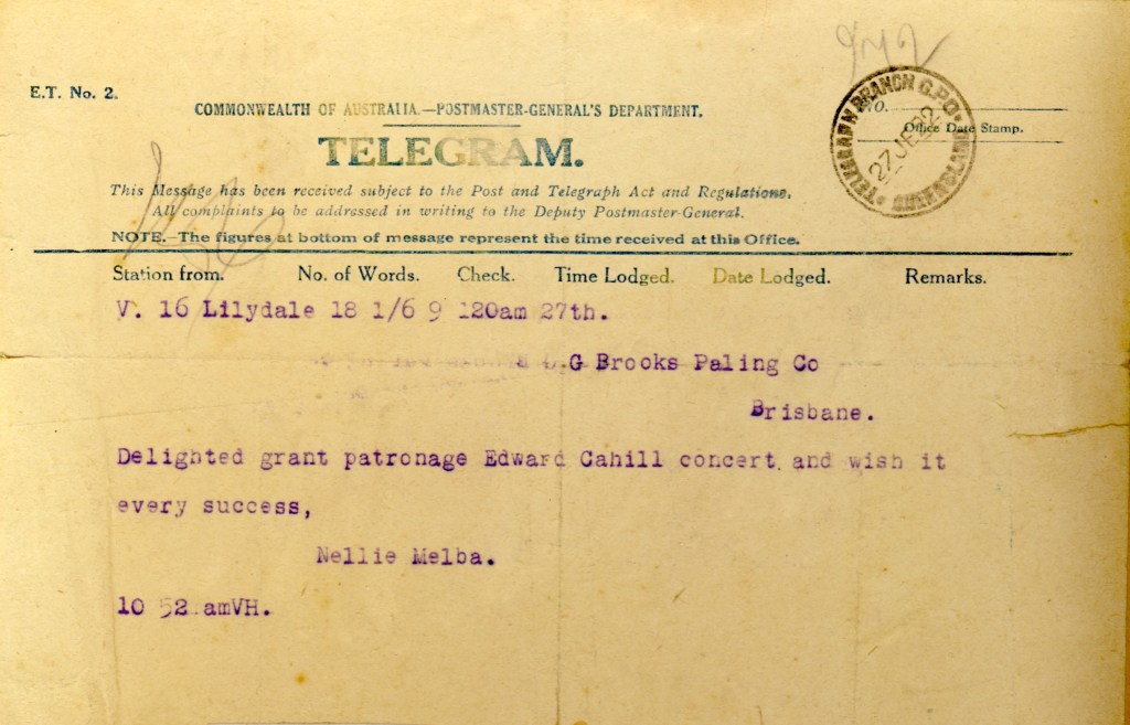 This image has an empty alt attribute; its file name is melba-telegram-1922.jpg